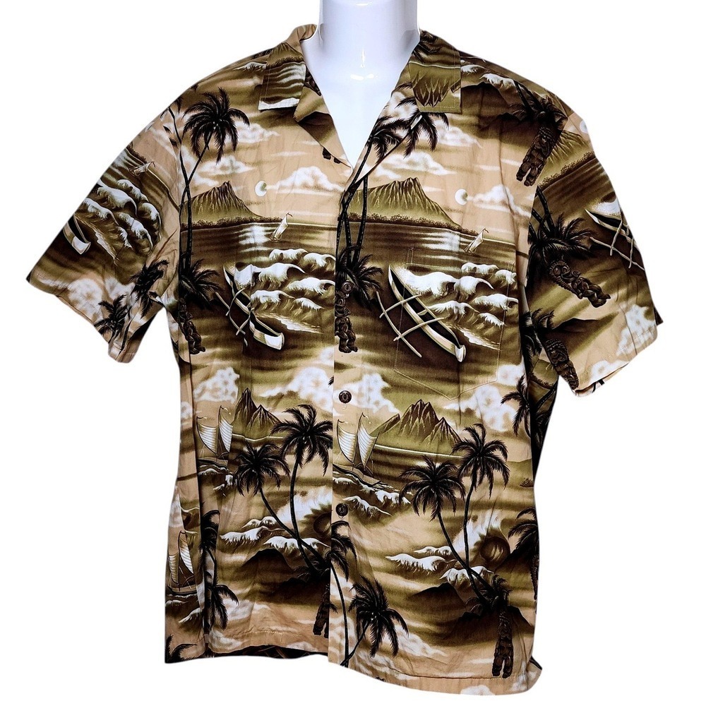 Royal Hawaiian Creations Mens XL Brown Scenic Tiki Outrigger Aloha Shirt